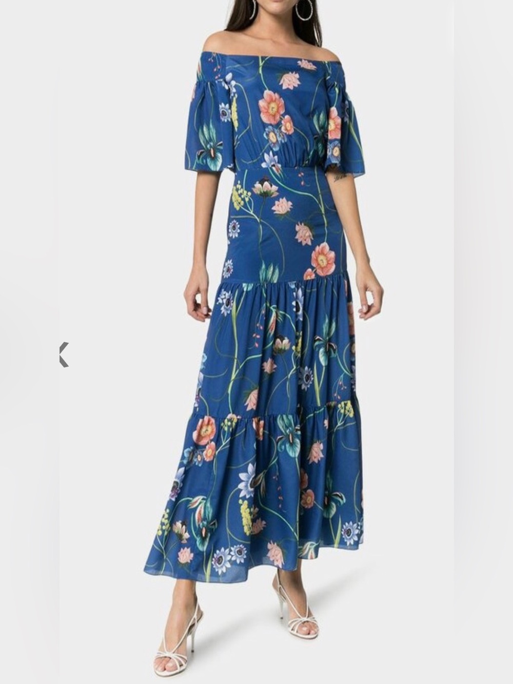 Borgo De Nor Blue Floral Midi Dress with Flutter Sleeves
